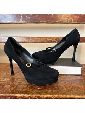 YSL Yves Saint Laurent Black Suede Platform Mary Jane Heels Shoes